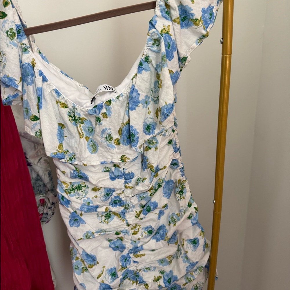 Zara Blue and Green Ruched Ruffled Mini Dress - Picture 4 of 4
